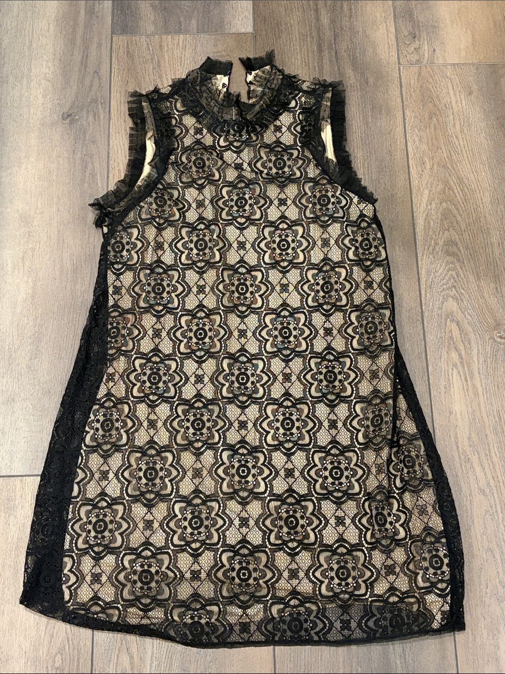 Max Studio Black Lace Overlay Mini Dress with Nude Lining